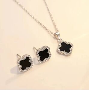Black Diamond Clover Necklace & Earring Set